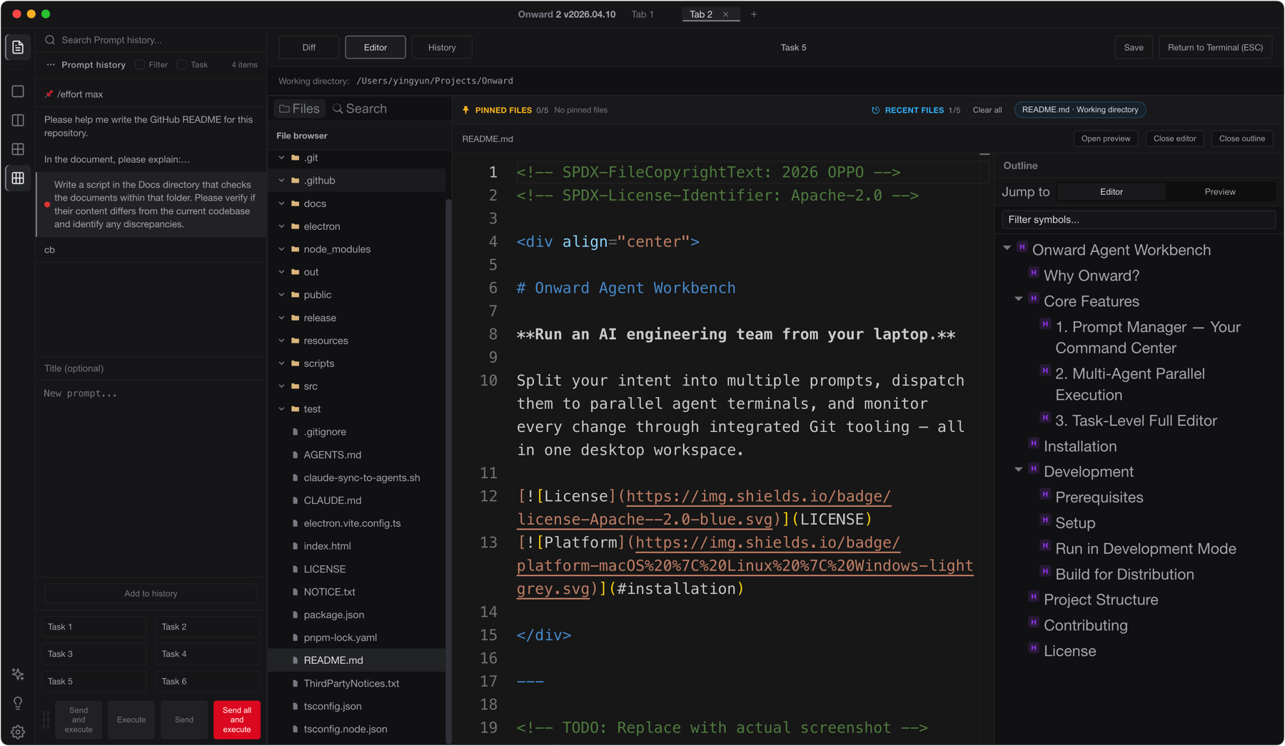 Onward Agent Workbench — task-level editor with Git Diff